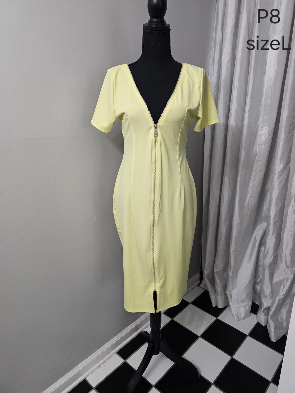 Yellow V-Neck Zip-Front Women's Dress